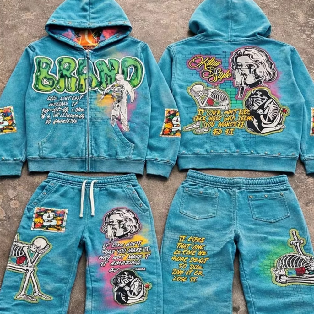 Graphic Blue Hoodie and Shorts Set